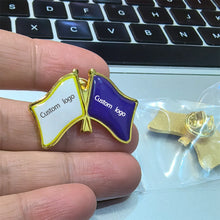 Load image into Gallery viewer, Shirley Custom 3.2X2.15cm customize logo /picture/photo /name gold plated metal flag shape badge wholesale flag pins